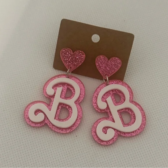 Barbie Pink Glitter ‘B’ Earrings – Heart Accent Dangle Statement Jewelry – NWT - Picture 3 of 6